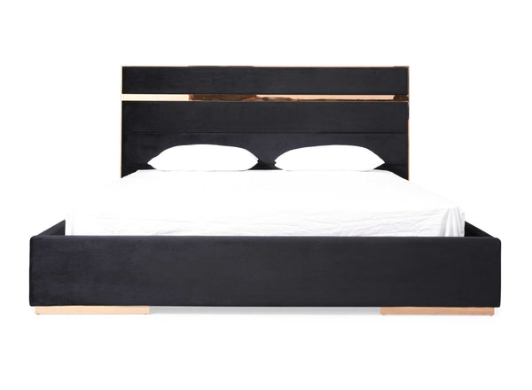Cartier Brushed Bronze Black Velvet Modern Style Bedroom Black bed frame with white bedding on a white background