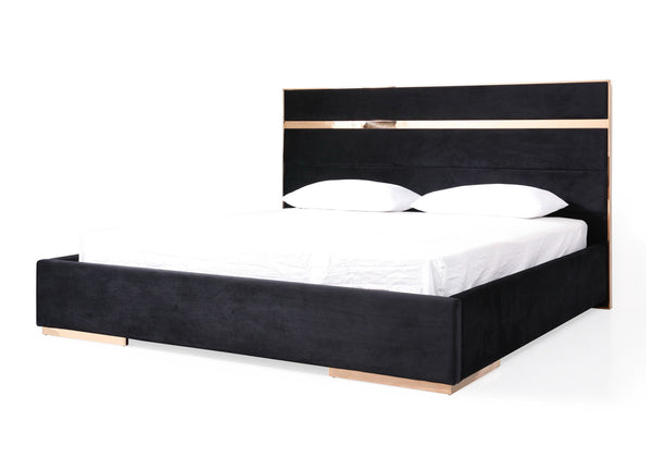 Cartier Brushed Bronze Black Velvet Modern Style Bedroom Black bed frame with white mattress and pillows on a white background