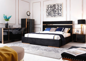 Cartier Brushed Bronze Black Velvet Modern Style Bedroom Modern bedroom with black upholstered bed, nightstands, and decor.