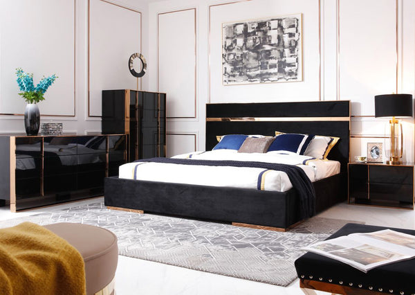 Cartier Brushed Bronze Black Velvet Modern Style Bedroom Modern bedroom with black upholstered bed, nightstands, and decor.