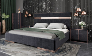 Cartier Brushed Bronze Black Velvet Modern Style Bedroom Modern bedroom setup with a large bed, nightstands, and decorative elements.