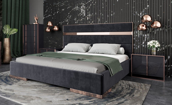 Cartier Brushed Bronze Black Velvet Modern Style Bedroom Modern bedroom setup with a large bed, nightstands, and decorative elements.
