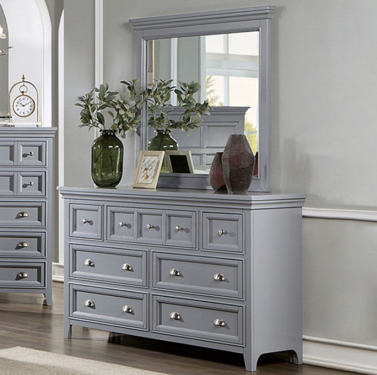 Cassie Transitional Gray Mirror Gray dresser with mirror, vases, and plants against a neutral wall