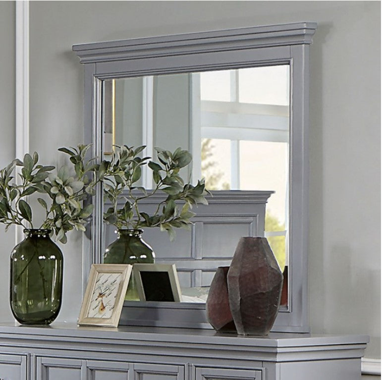 Cassie Transitional Gray Mirror Gray dresser with mirror, vases, and plants against a neutral wall