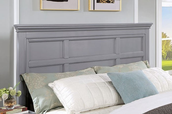 Cassie Transitional Under-Bed Drawer Gray Bed Gray wooden headboard with pillows and a blanket in a bedroom setting.