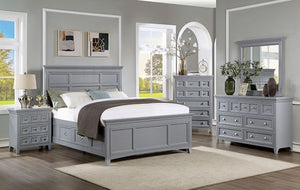 Cassie Transitional Under-Bed Drawer Gray Bed Gray bedroom set with furniture including a bed, nightstands, and dressers in a well-lit room.