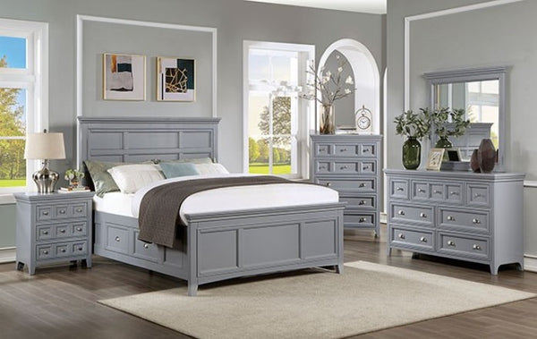 Cassie Transitional Under-Bed Drawer Gray Bed Gray bedroom set with furniture including a bed, nightstands, and dressers in a well-lit room.