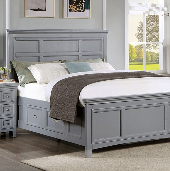 Cassie Transitional Under-Bed Drawer Gray Bed Gray upholstered bed with storage drawers in a bedroom setting.