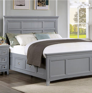 Cassie Transitional Under-Bed Drawer Gray Bed Gray upholstered bed with storage drawers in a bedroom setting.