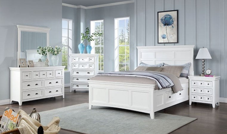 Cassie Transitional White Chest White dresser with multiple drawers in a bedroom setting