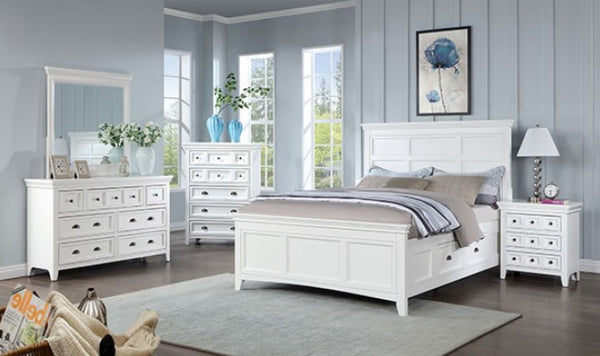 Cassie Transitional Under-Bed Drawer White Bed White bedroom furniture set with bed, dresser, and nightstands in a room with large windows.