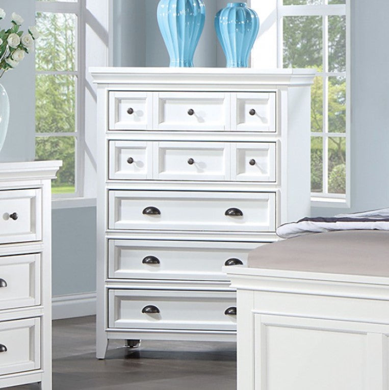 Cassie Transitional White Chest White dresser with multiple drawers in a bedroom setting