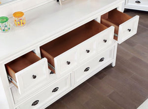 Cassie Transitional White Dresser White dresser with open drawers on a wooden floor