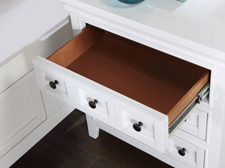 Cassie Transitional White Nightstand White dresser with four drawers in a bedroom setting