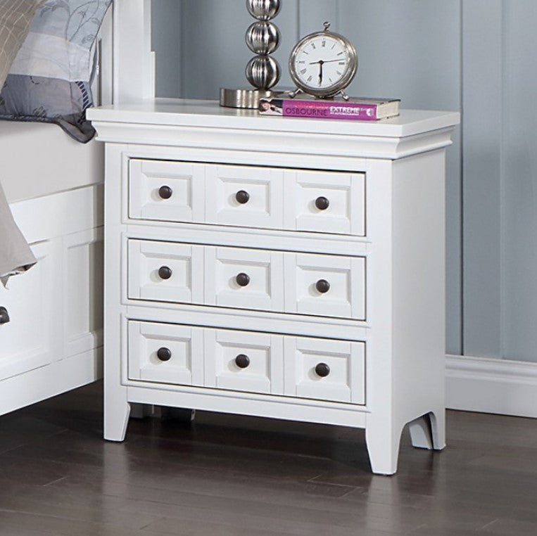 Cassie Transitional White Nightstand White dresser with four drawers in a bedroom setting