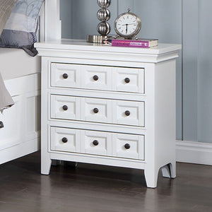 Cassie Transitional White Nightstand White dresser with four drawers in a bedroom setting