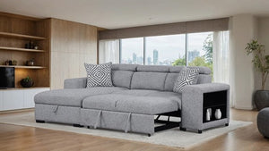 Chiller Contemporary Style Pull Out Sleeper Sectional Sofa Gray sectional sofa with pull-out bed in a modern living room.