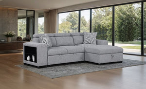 Chiller Contemporary Style Pull Out Sleeper Sectional Sofa Gray sectional sofa in a living room with large windows and greenery outside