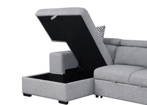 Chiller Contemporary Style Pull Out Sleeper Sectional Sofa Gray sectional sofa with storage ottoman on a white background