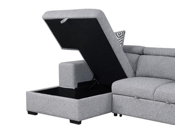 Chiller Contemporary Style Pull Out Sleeper Sectional Sofa Gray sectional sofa with storage ottoman on a white background