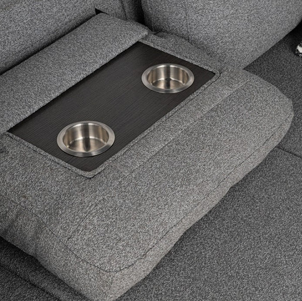 Chiller Gray Contemporary Style Pull Out Sleeper Sectional Sofa Two metal dog bowls on a black mat inside a gray car seat.
