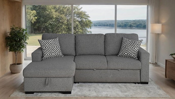 Chiller Gray Contemporary Style Pull Out Sleeper Sectional Sofa Gray sectional sofa with patterned pillows in a living room with large windows.