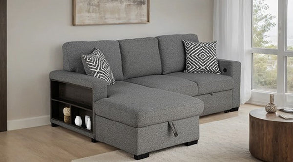 Chiller Gray Contemporary Style Pull Out Sleeper Sectional Sofa Gray sectional sofa with storage shelves in a living room setting.