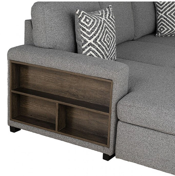 Chiller Gray Contemporary Style Pull Out Sleeper Sectional Sofa Gray sectional sofa with a wooden shelf and patterned pillow on a white background