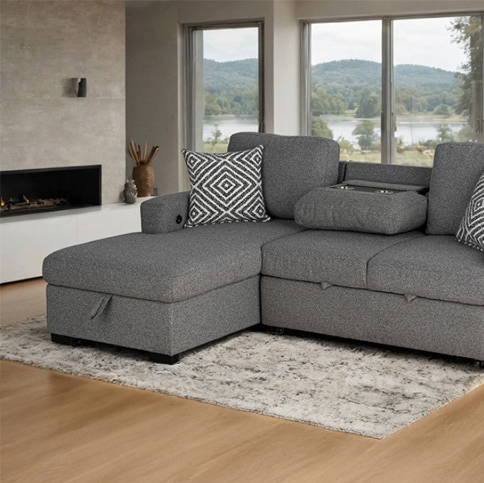 Chiller Gray Contemporary Style Pull Out Sleeper Sectional Sofa Gray sectional sofa with decorative pillows in a living room with large windows showing a scenic view.