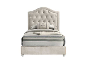 Chloe Beige Fabric Full Upholstered Kids Bed A single bed with a tall, tufted upholstered headboard and matching footboard in a light beige fabric, styled with gray and white striped bedding and pillows on a plain white background.