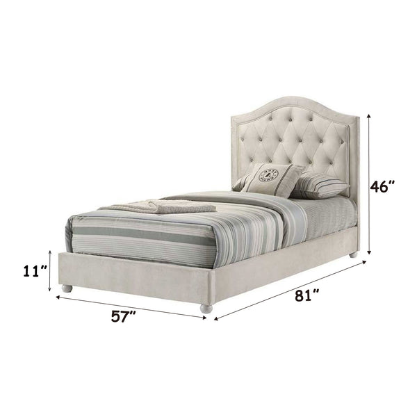 Chloe Beige Fabric Full Upholstered Kids Bed Bed with dimensions labeled on a white background