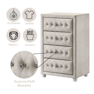 Chloe Beige Fabric Full Upholstered Kids Chest Beige tufted dresser with easy-to-pull handles on a white background