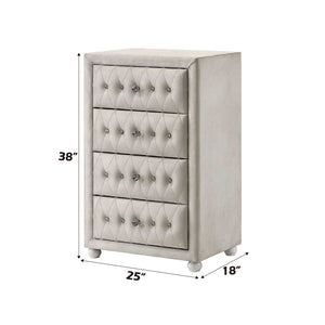 Chloe Beige Fabric Full Upholstered Kids Chest A light beige upholstered four-drawer chest with diamond tufting and silver knobs, shown with dimension lines indicating 38 inches tall, 25 inches wide, and 18 inches deep on a white background.