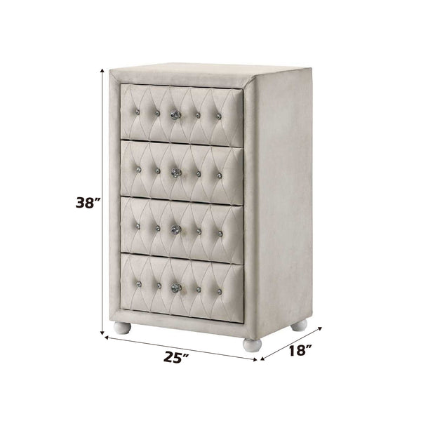 Chloe Beige Fabric Full Upholstered Kids Chest A light beige upholstered four-drawer chest with diamond tufting and silver knobs, shown with dimension lines indicating 38 inches tall, 25 inches wide, and 18 inches deep on a white background.
