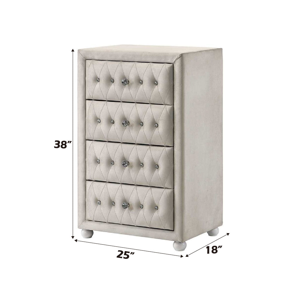 Sonya Beige Velvet Upholstered Traditional Style Chest Beige tufted chest of drawers with silver handles on a white background