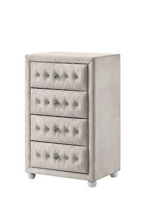 Chloe Beige Fabric Full Upholstered Kids Chest Beige tufted chest of drawers with silver handles on a white background
