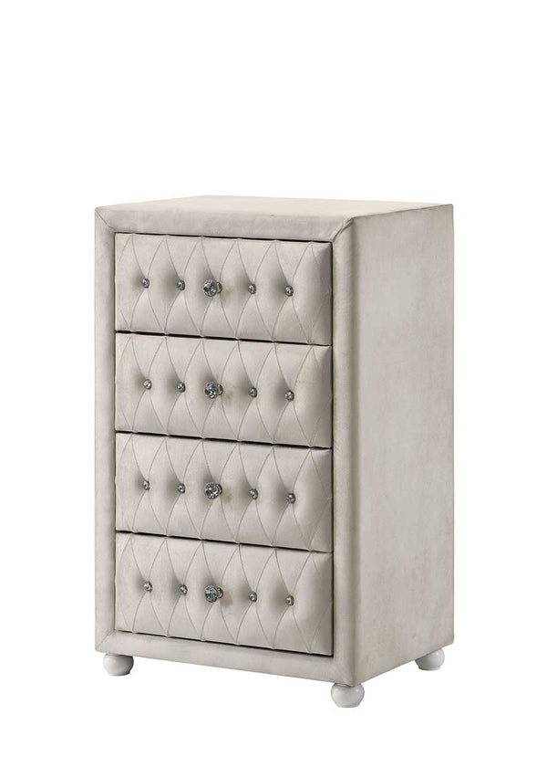Chloe Beige Fabric Full Upholstered Kids Chest Beige tufted chest of drawers with silver handles on a white background
