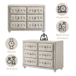 Chloe Beige Fabric Full Upholstered Kids Dresser Beige tufted dresser with decorative buttons, icons indicating its use for cosmetic, skincare products, jewelry, and watches, and weight label.
