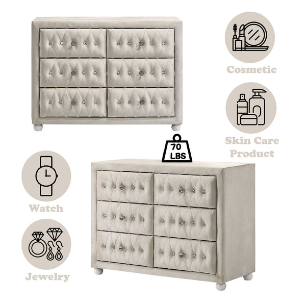 Chloe Beige Fabric Full Upholstered Kids Dresser Beige tufted dresser with decorative buttons, icons indicating its use for cosmetic, skincare products, jewelry, and watches, and weight label.