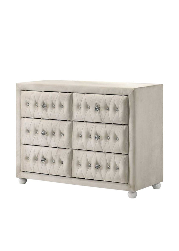 Chloe Beige Fabric Full Upholstered Kids Dresser Beige tufted dresser with decorative knobs on a white background