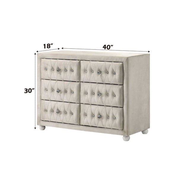 Chloe Beige Fabric Full Upholstered Kids Dresser An upholstered three-drawer dresser with tufted drawer fronts and silver knobs, shown on a white background with dimension lines indicating 18 inches, 40 inches, and 30 inches.