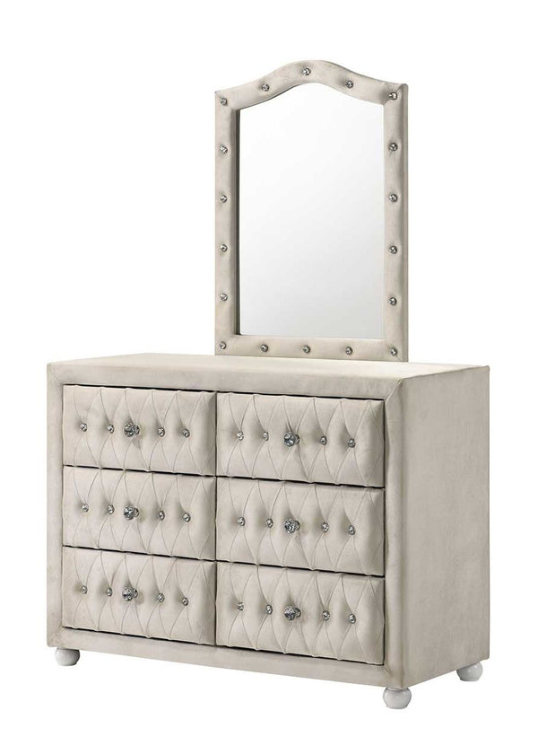 Chloe Beige Fabric Full Upholstered Kids Dresser An upholstered dresser with six drawers, featuring tufted fronts with silver knobs and a matching arched mirror with a tufted nailhead frame, shown on a white background.