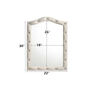 Chloe Beige Fabric Full Upholstered Kids Dresser Mirror Arched vanity mirror with a lighted tufted frame, shown with dimension labels indicating 30 inches tall, 22 inches wide, and a 26 by 18 inch mirror area.