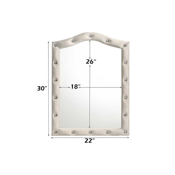 Chloe Beige Fabric Full Upholstered Kids Dresser Mirror Arched vanity mirror with a lighted tufted frame, shown with dimension labels indicating 30 inches tall, 22 inches wide, and a 26 by 18 inch mirror area.