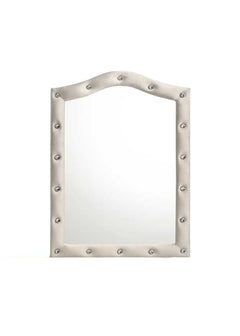 Chloe Beige Fabric Full Upholstered Kids Dresser Mirror An arched rectangular wall mirror with a tufted upholstered frame and silver nailhead trim, shown against a plain white background.