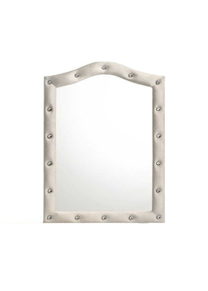 Chloe Beige Fabric Full Upholstered Kids Dresser Mirror An arched rectangular wall mirror with a tufted upholstered frame and silver nailhead trim, shown against a plain white background.
