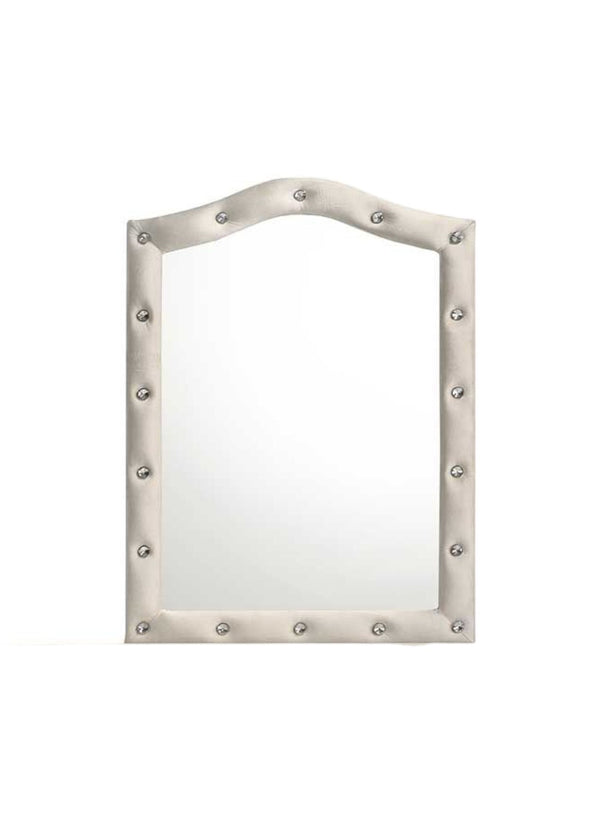 Chloe Beige Fabric Full Upholstered Kids Dresser Mirror An arched rectangular wall mirror with a tufted upholstered frame and silver nailhead trim, shown against a plain white background.