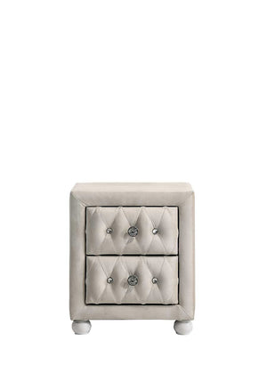 Chloe Beige Fabric Full Upholstered Kids Nightstand A small upholstered two-drawer nightstand with tufted diamond detailing and silver-toned decorative knobs, shown on a plain white background.