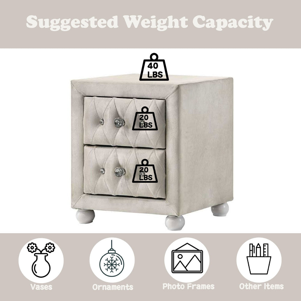 Chloe Beige Fabric Full Upholstered Kids Nightstand Beige nightstand with tufted design next to a bed in a bedroom setting