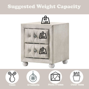 Chloe Beige Fabric Full Upholstered Kids Nightstand Small storage cabinet with weight capacity indicators on a beige background
